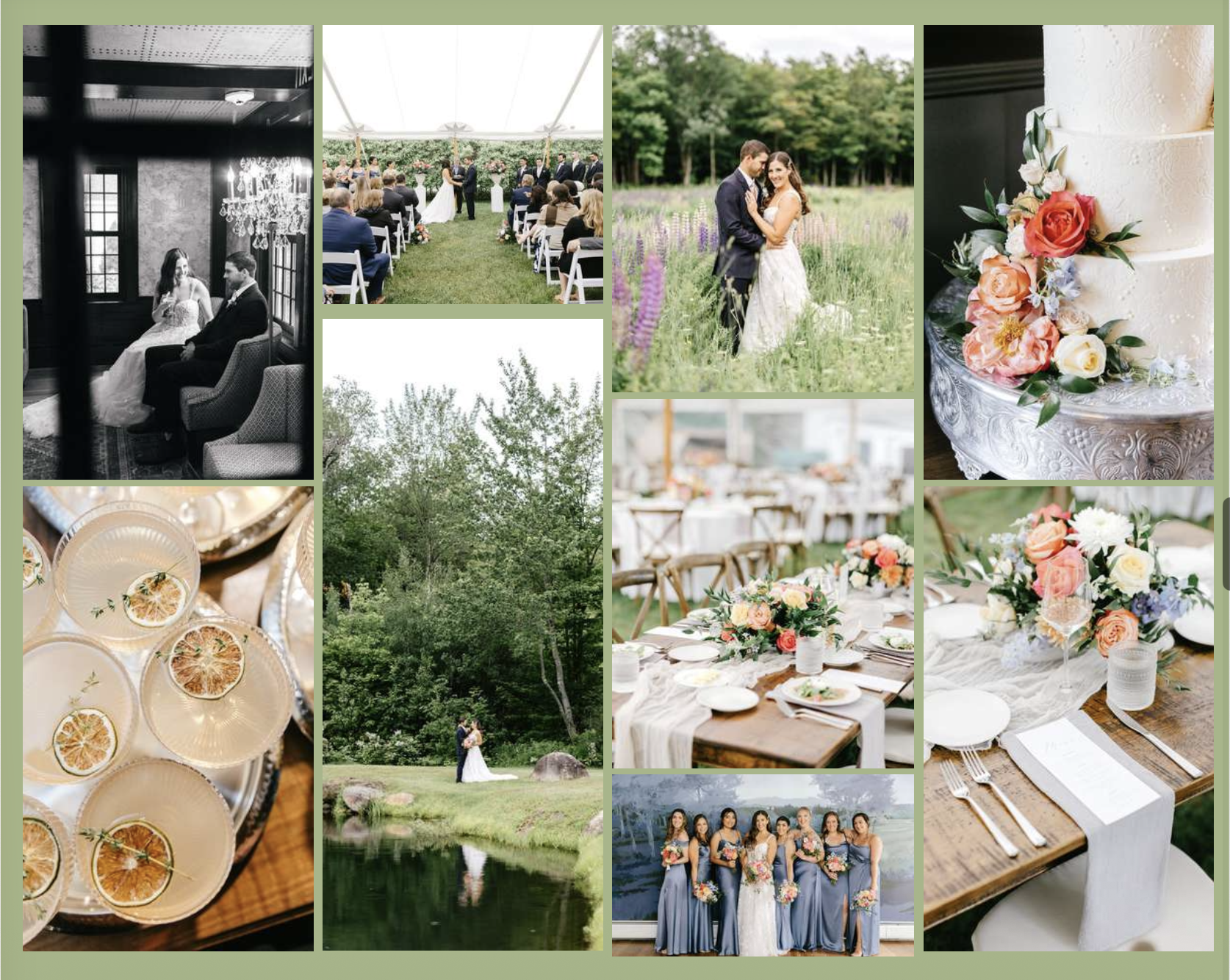 Collage of wedding scenes including a bride and groom, wedding ceremony outdoors, wedding reception table settings with floral centerpieces, a wedding cake with flowers, and a group photo of bridesmaids.