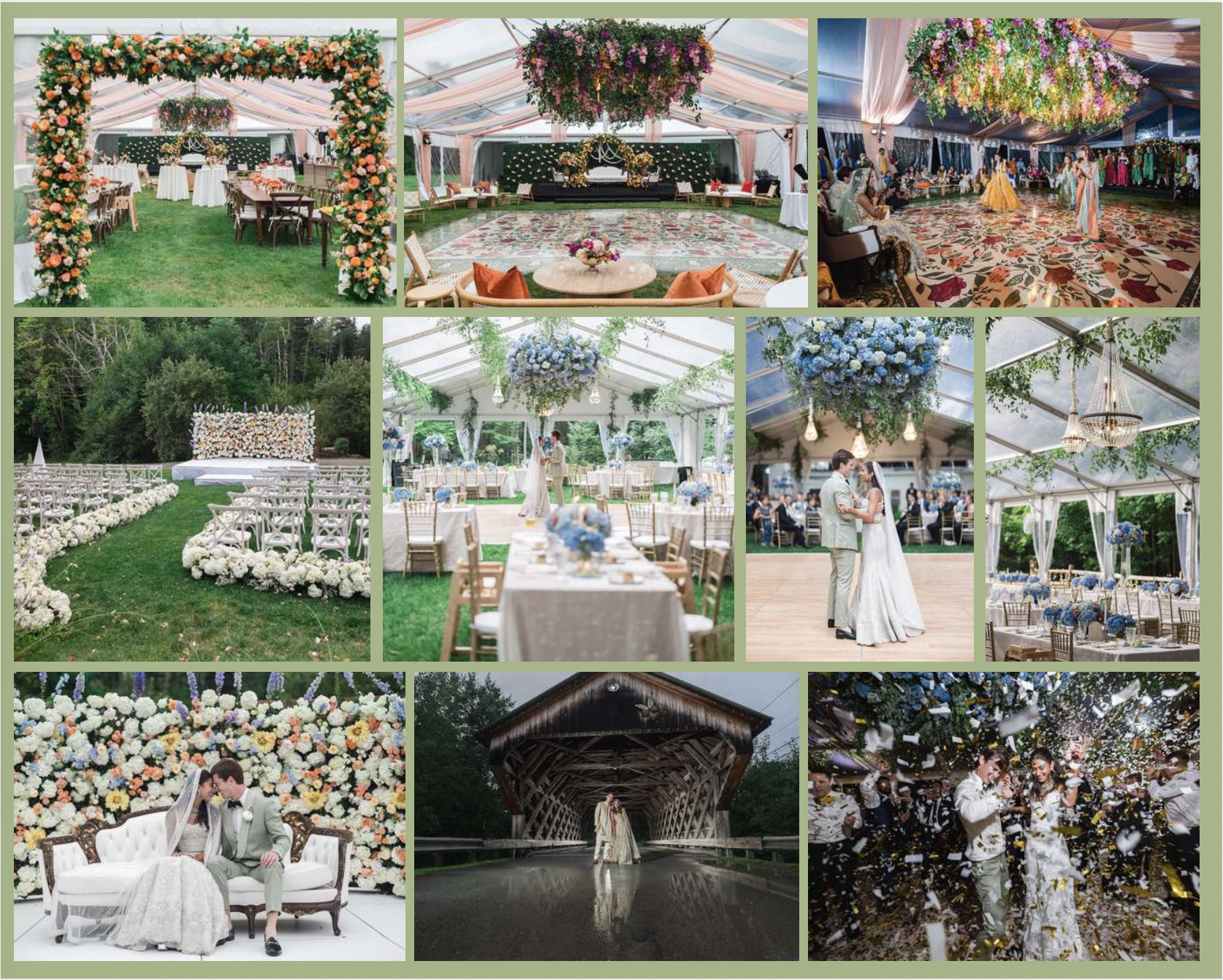 Collage of wedding scenes including decorated outdoor and indoor venues, an outdoor ceremony, a couple dancing, a wedding party on a bridge, and guests celebrating with confetti.