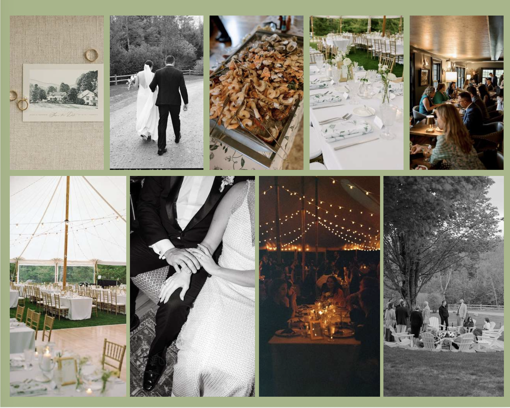 A collage of wedding scenes including a bride and groom walking, reception tables decorated outdoors and indoors, a food platter, a wedding invitation, a couple's hands, and guests at the event.