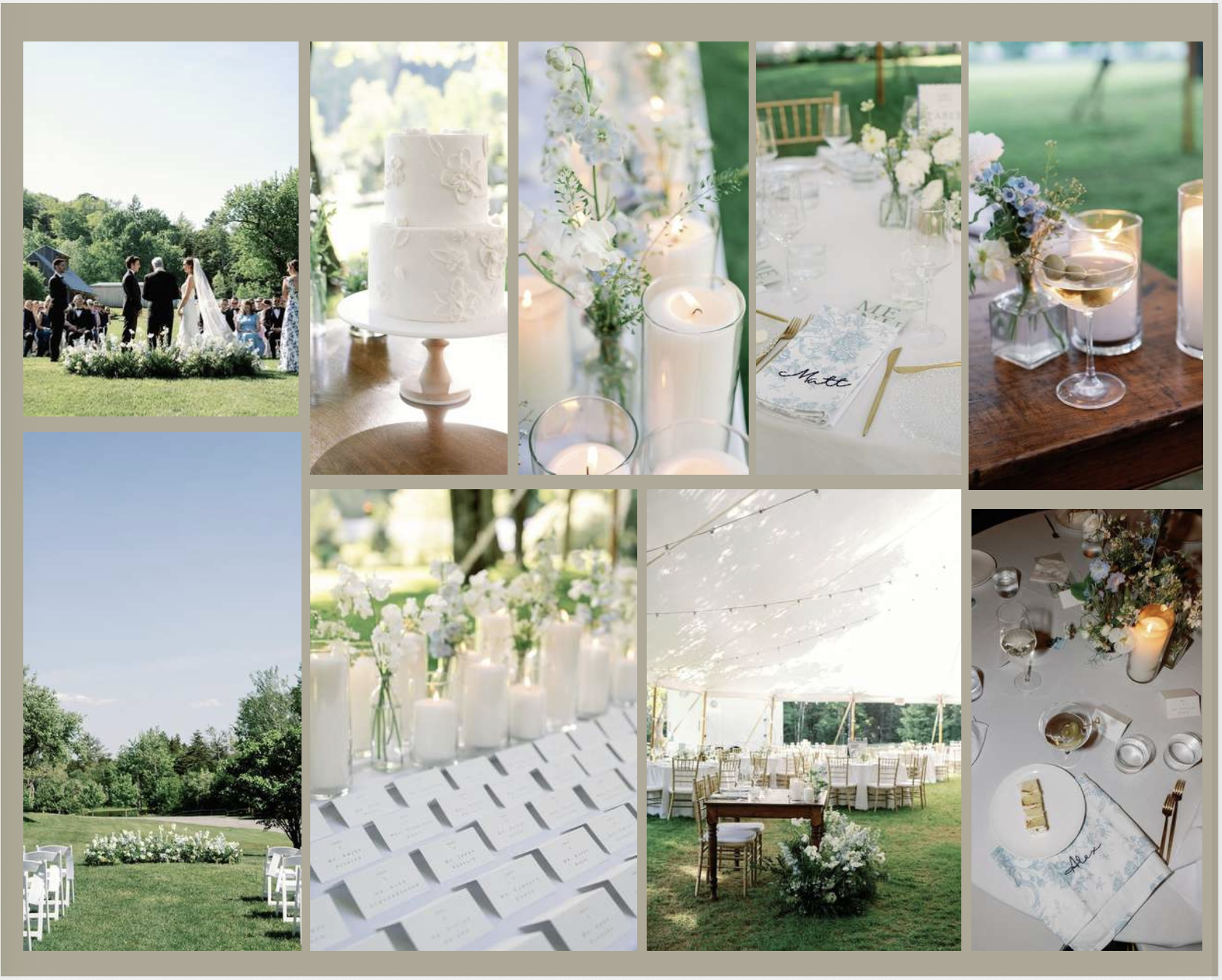 Vermont outdoor wedding reception, including a ceremony with guests, decorated tables, floral arrangements, candles, and wedding decor.