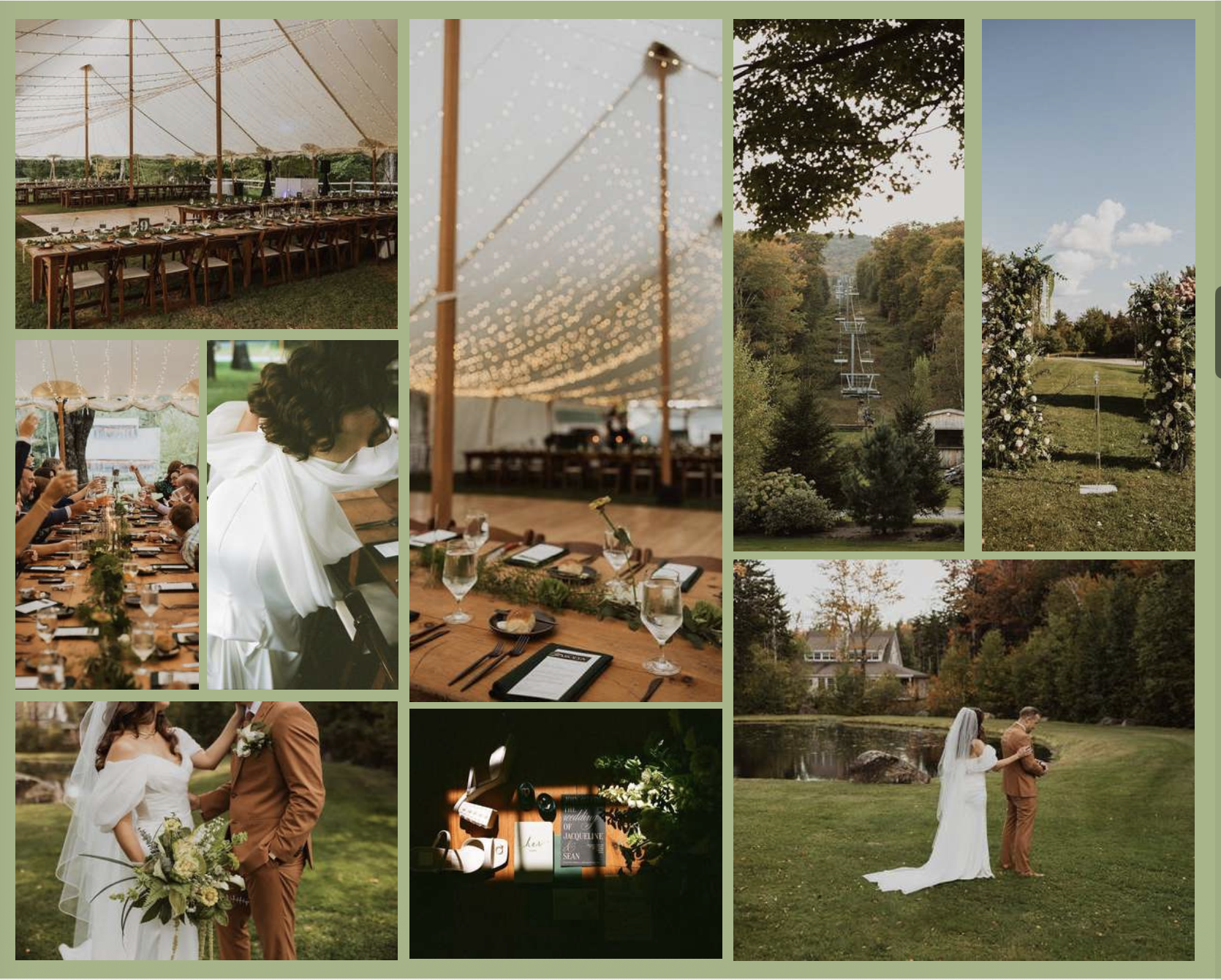 Collage of wedding scenes including a reception tent, decorated tables, a bride and groom, an outdoor ceremony on a grassy area, landscape views with trees and a lake, and wedding details.