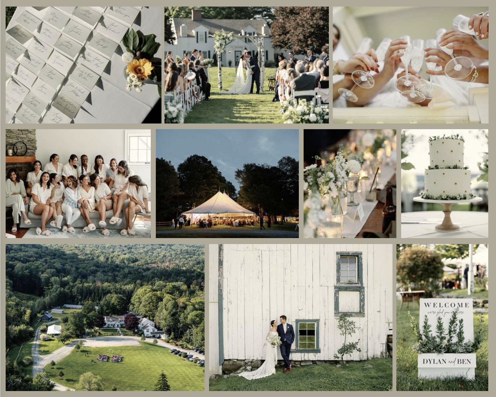 Collage of wedding scenes including a seating chart with flowers, outdoor ceremony with a wedding arch, bridesmaids' hand holding champagne glasses, bridal party in robes, evening outdoor event with a tent, close-up of floral table decor, two-tier we