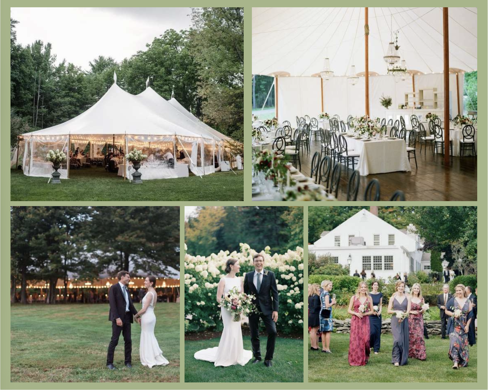 A collage of five wedding scenes. The top left shows a large white event tent on a grassy area with tables and string lights inside. The top right shows a decorated indoor reception tent with round tables and chairs. The bottom left depicts a couple 