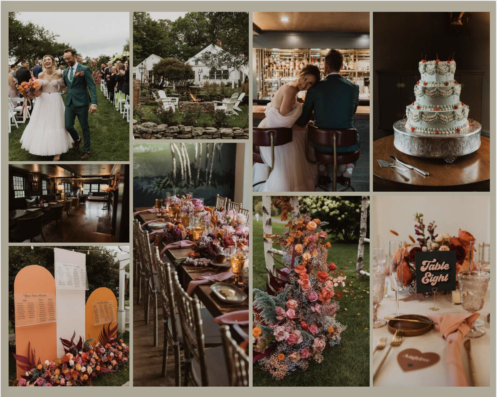 Collage of images from a wedding celebration, including a bride and groom walking outside, a garden yard, couple sitting at a bar, a tiered wedding cake, a cozy indoor lounge, a beautifully decorated outdoor table, a floral outdoor arrangement, weddi