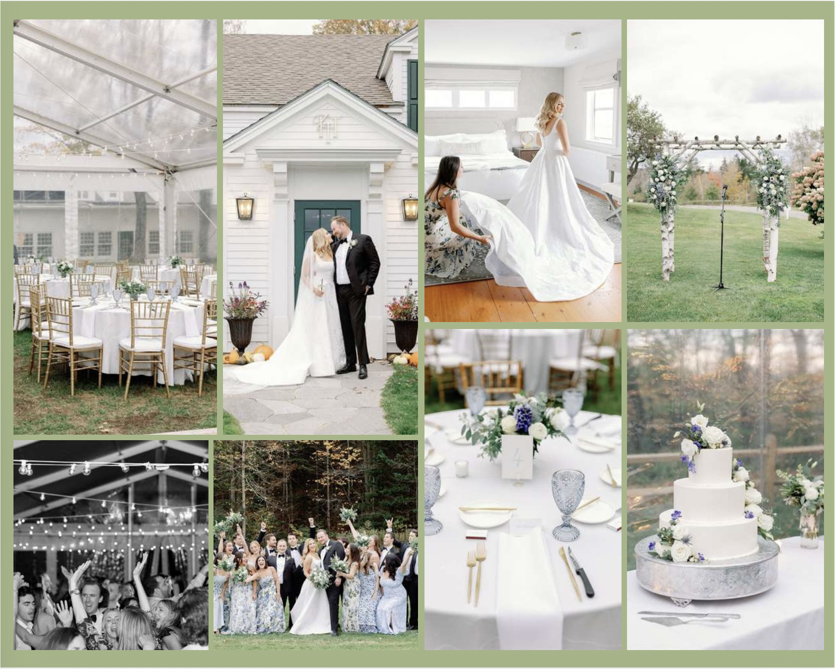 Collage of wedding scenes including ceremony setup under a tent, bride and groom kissing outside a white house, bride getting ready indoors, wedding arch outside, decorated reception table, wedding cake with flowers, group of wedding guests celebrati