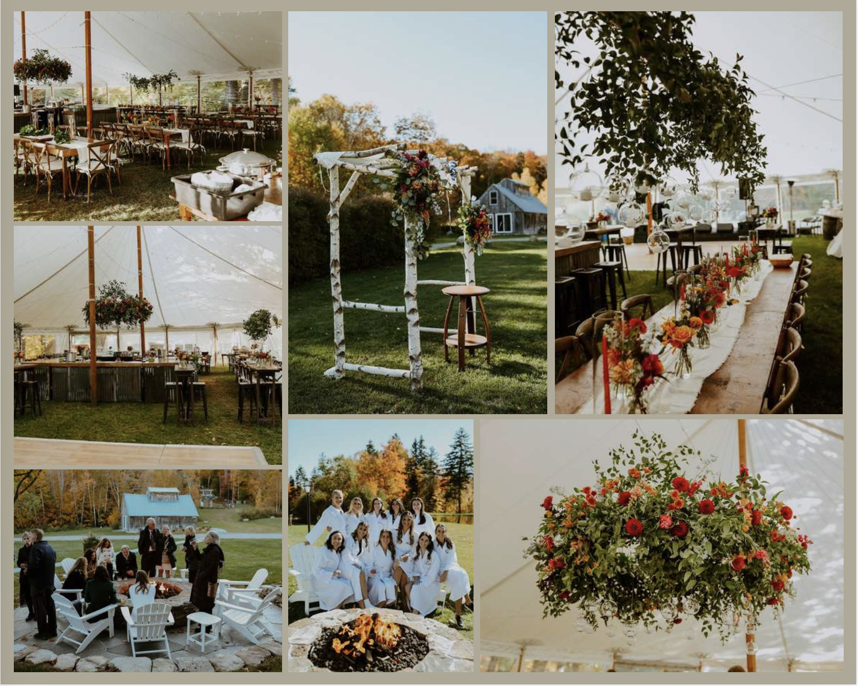 Collage of outdoor wedding decor, including tables with floral centerpieces, a birch wood wedding arch with flowers, hanging floral arrangements, a tent reception with tables and lights, a fire pit gathering with guests in white robes, and a group of