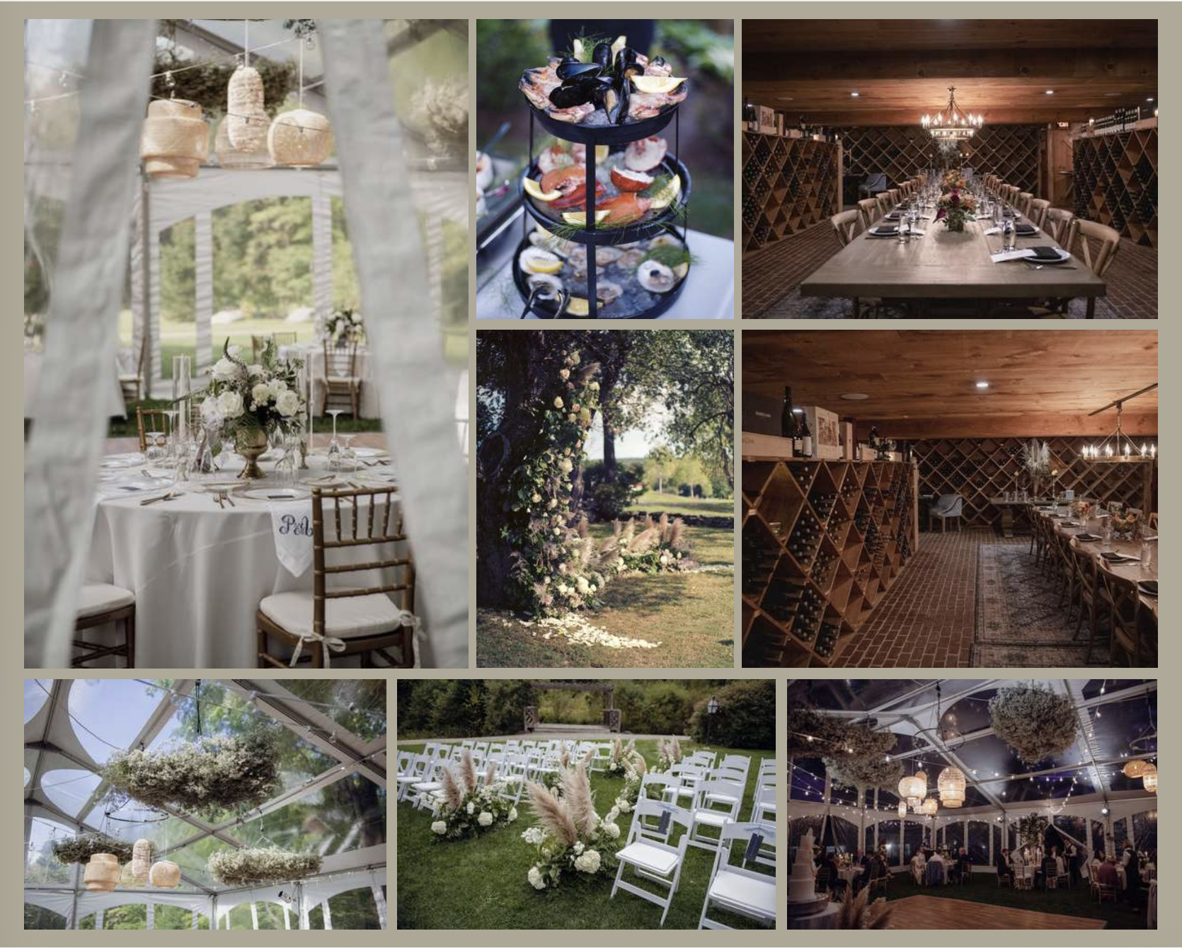 Collage of wedding or event venue decor, including table settings, floral arrangements, indoor and outdoor spaces, and food displays.