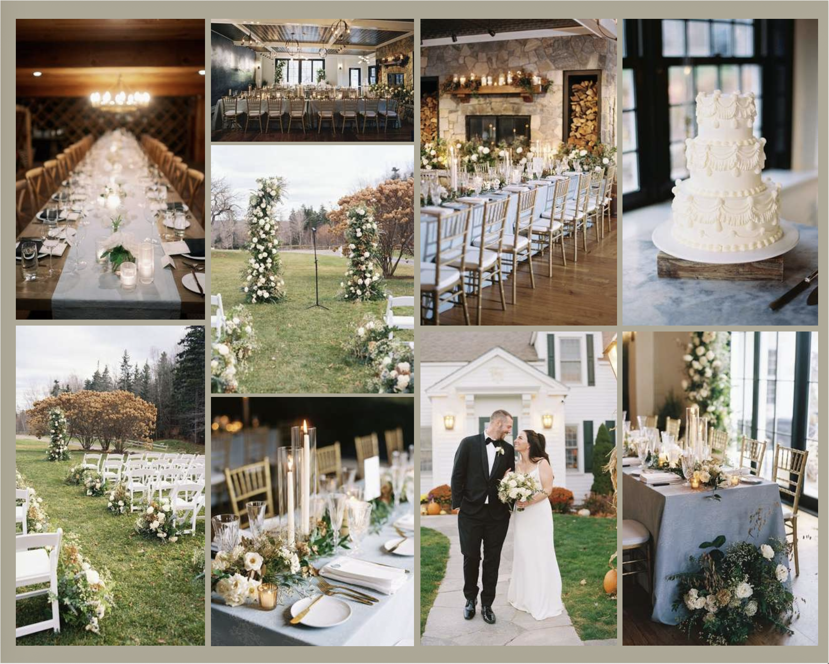 A collage of wedding scenes, including reception tables with floral arrangements, an outdoor ceremony setup with flower arches, string lights, a wedding cake, a bride and groom outside their house, and a decorated outdoor ceremony area with white cha