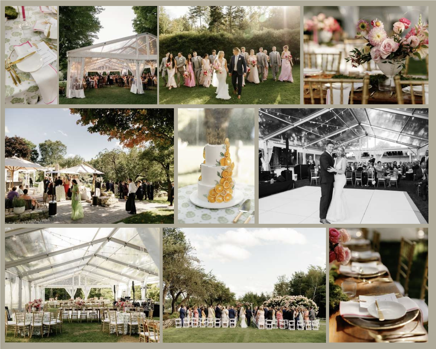 Collage of scenes from an outdoor wedding reception including tables with floral arrangements and place settings, a dance floor with a couple dancing, wedding guests mingling outdoors, a wedding cake decorated with orange slices, a sweetheart table, 