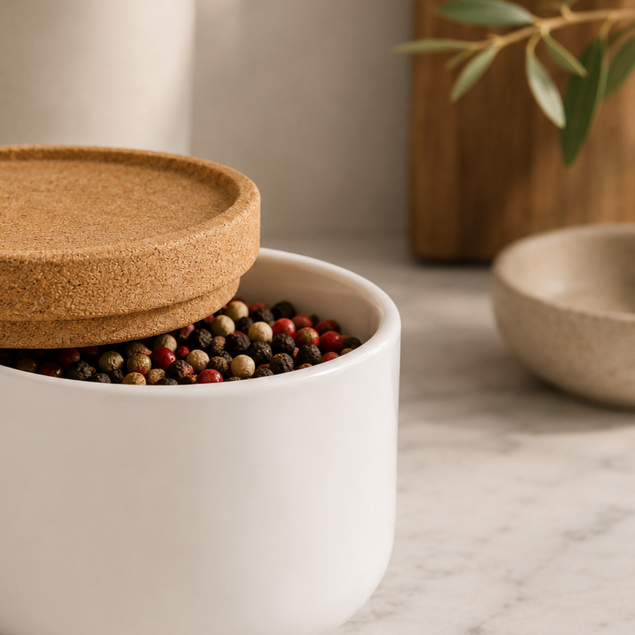 Cork lid creates a tight fit keeping foods and spices fresh
