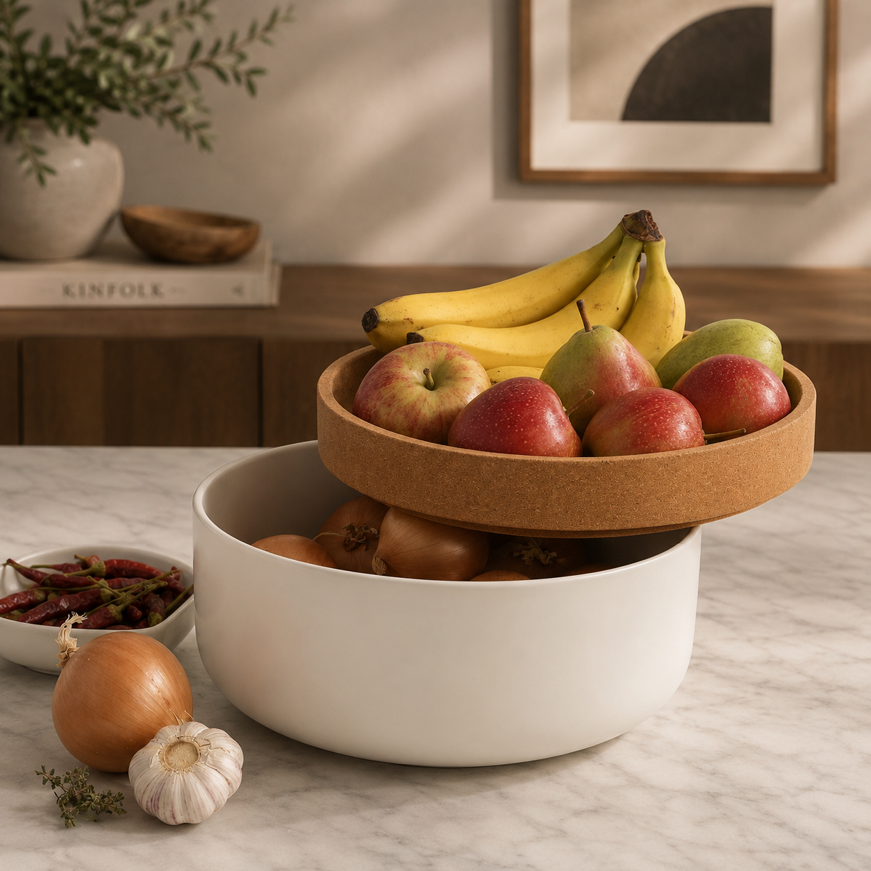 Store root vegetables in the ceramic base and fresh fruit on the cork lid