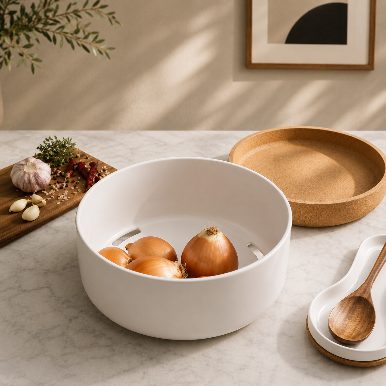 The base features aeration holes that keep root veggies fresher longer