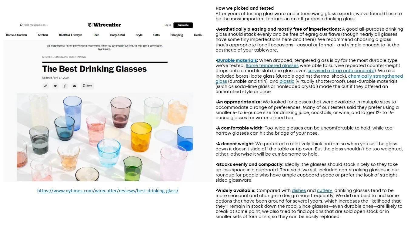 Desktop research includes reading reviews on existing products to identify pros and cons of specific glassware. 