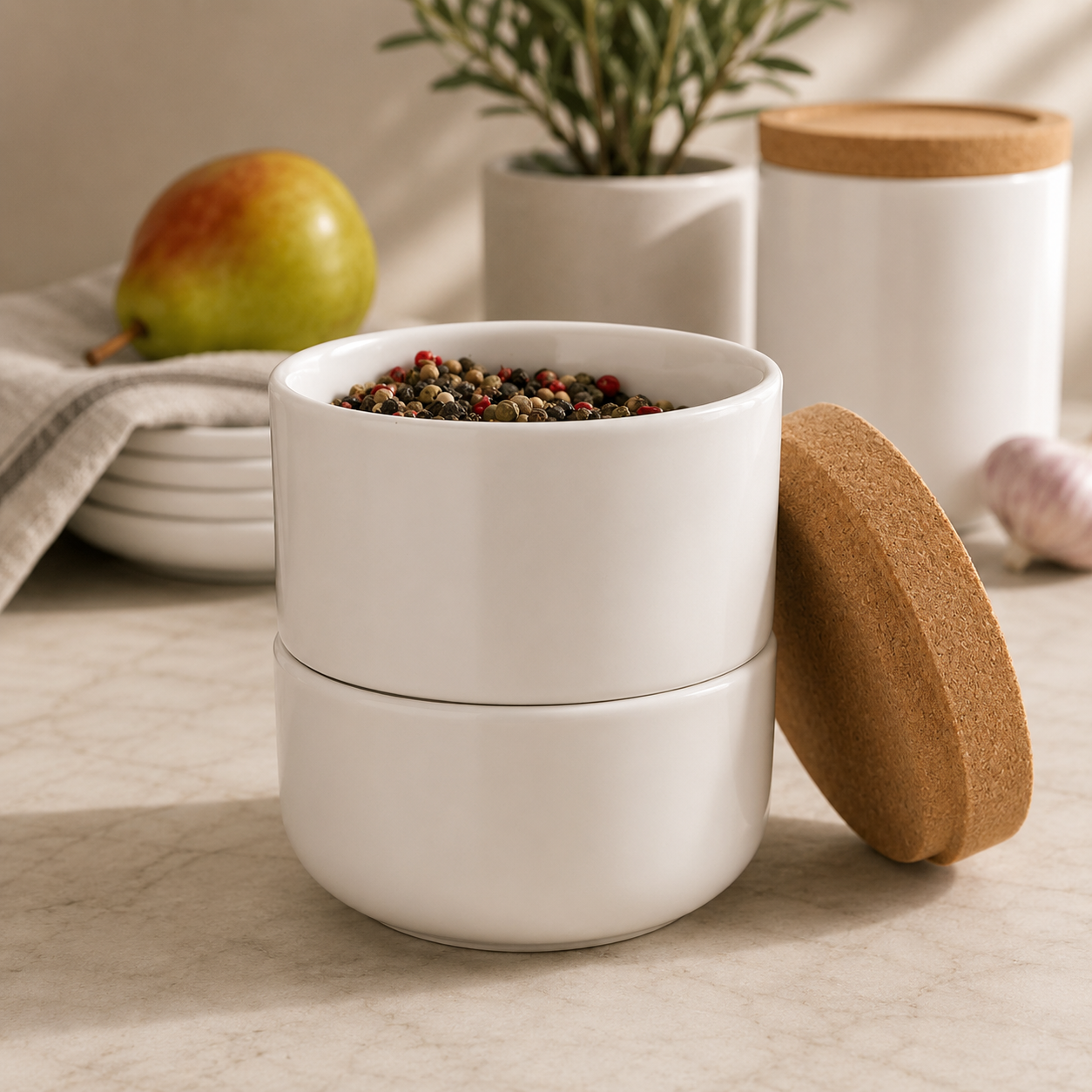 The two stackable ceramic compartments are perfect for storing spices