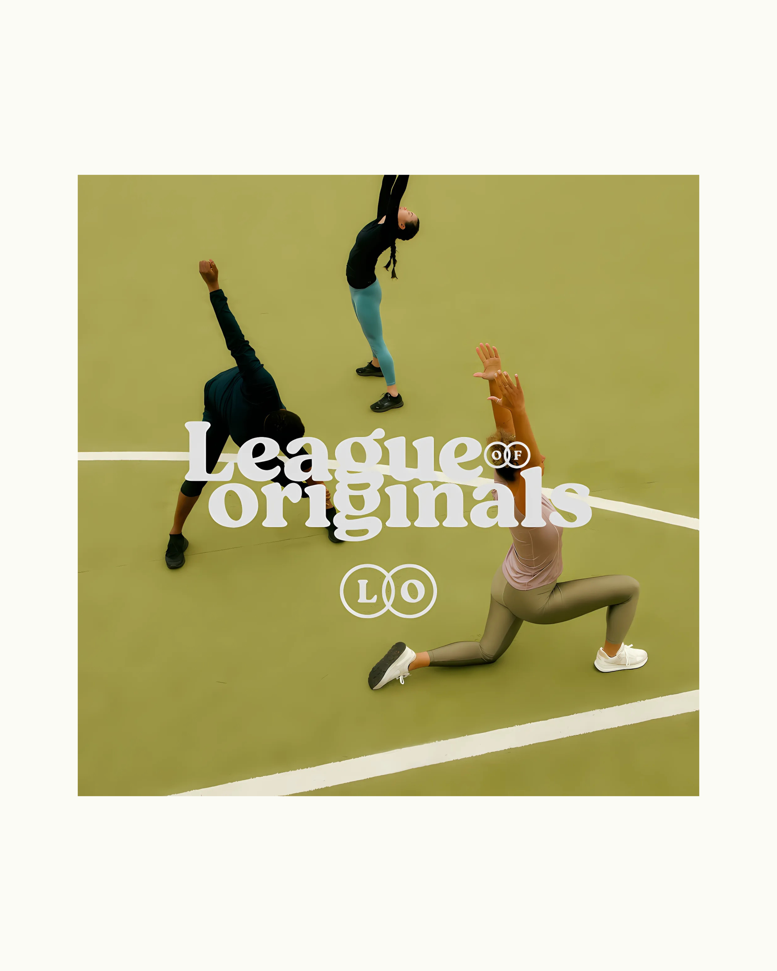 Three people stretching or doing yoga on a green indoor court, with the overlay text 'League of Originals LO'. Brand Logo and Icon by Estudio Karr.