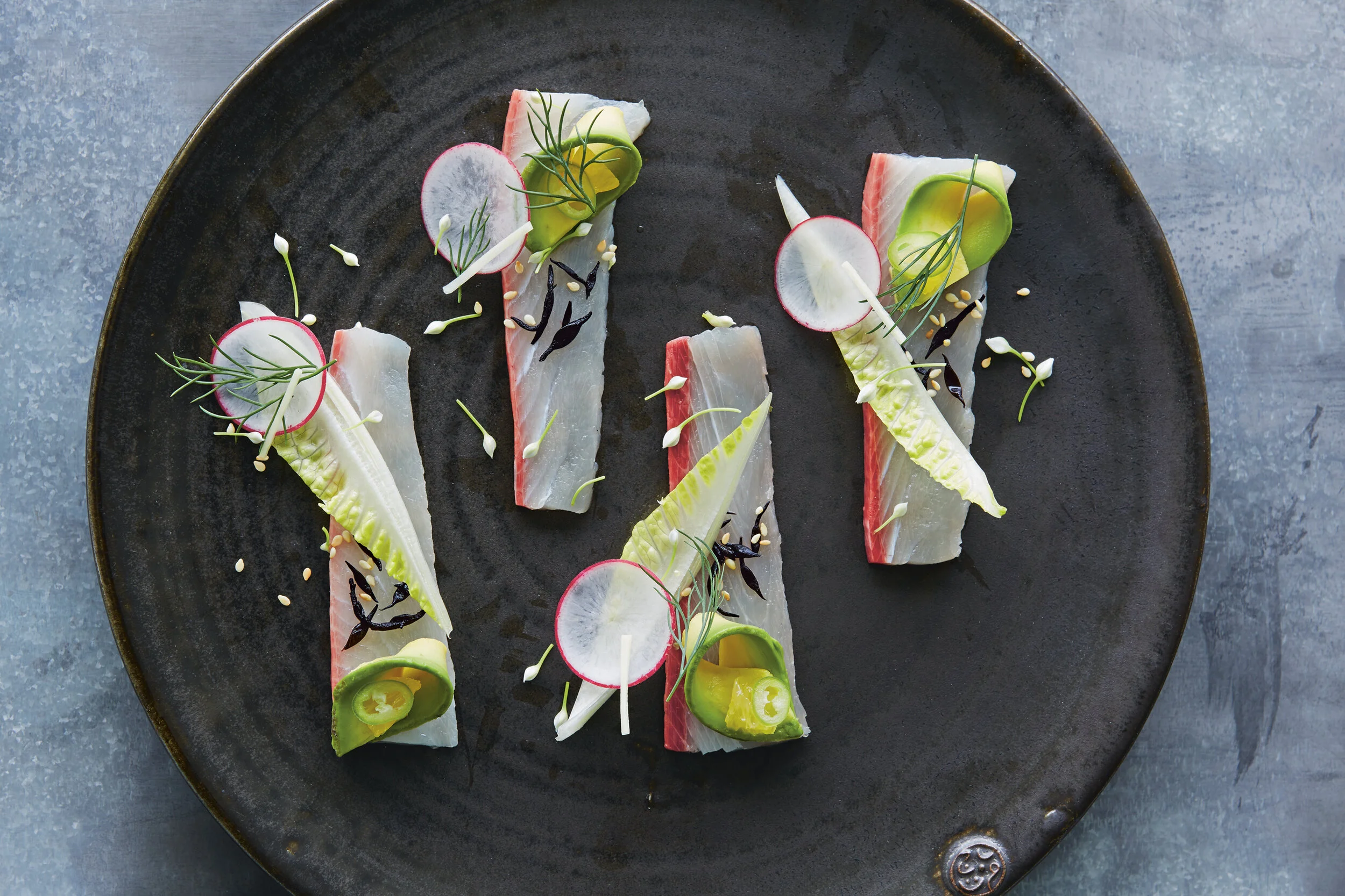 Hiramasa kingfish sashimi with orange avocado and ginger-tamari dressing.jpg