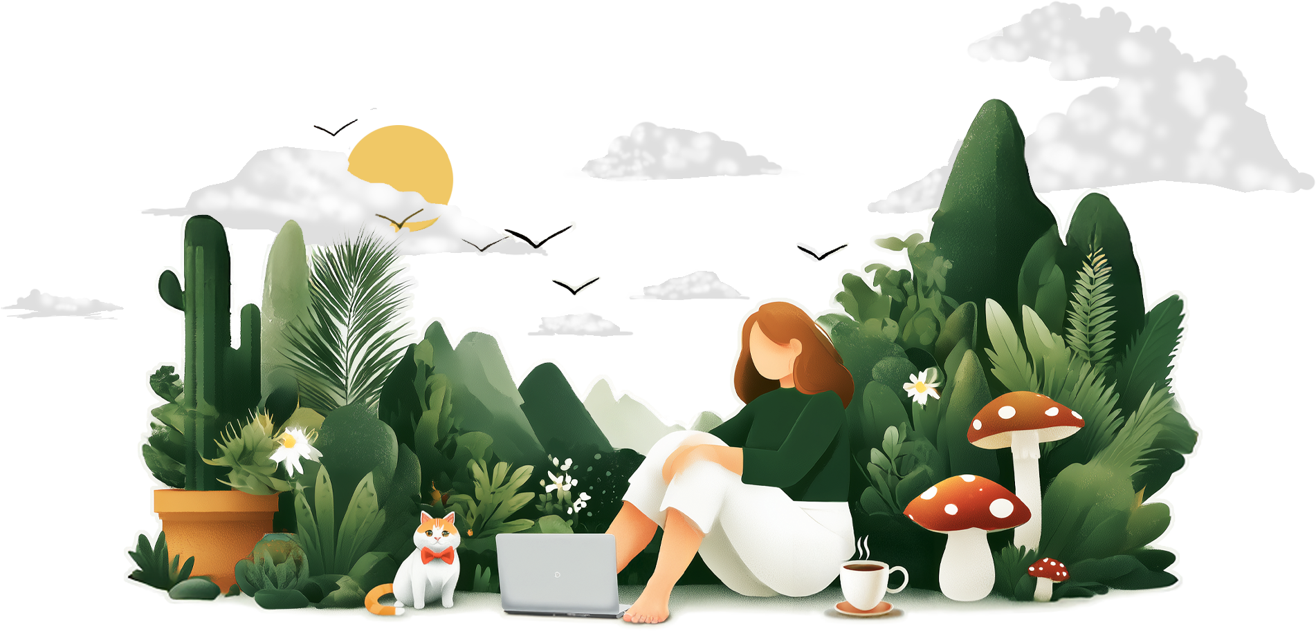 Digital illustration of a woman sitting among lush green plants, with a white cat wearing a red bow tie, a steaming cup of coffee, a laptop, and mushrooms around her, in a garden scene with mountains and birds in the background.