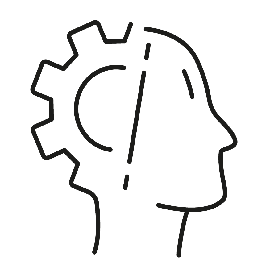 Outline of a human head with a gear inside it and a clock face indicating time