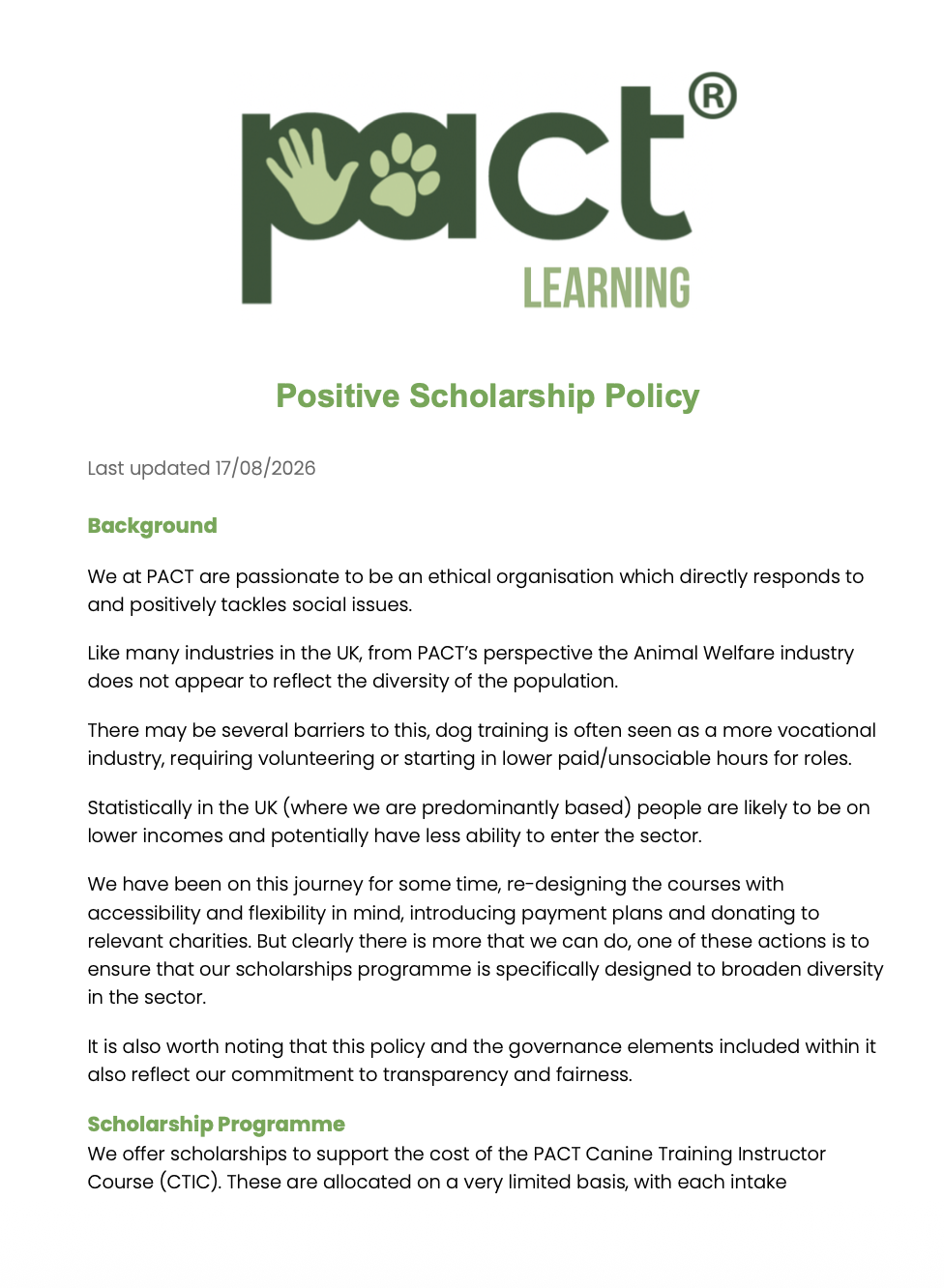 PACT Learning - Positive Scholarship Policy