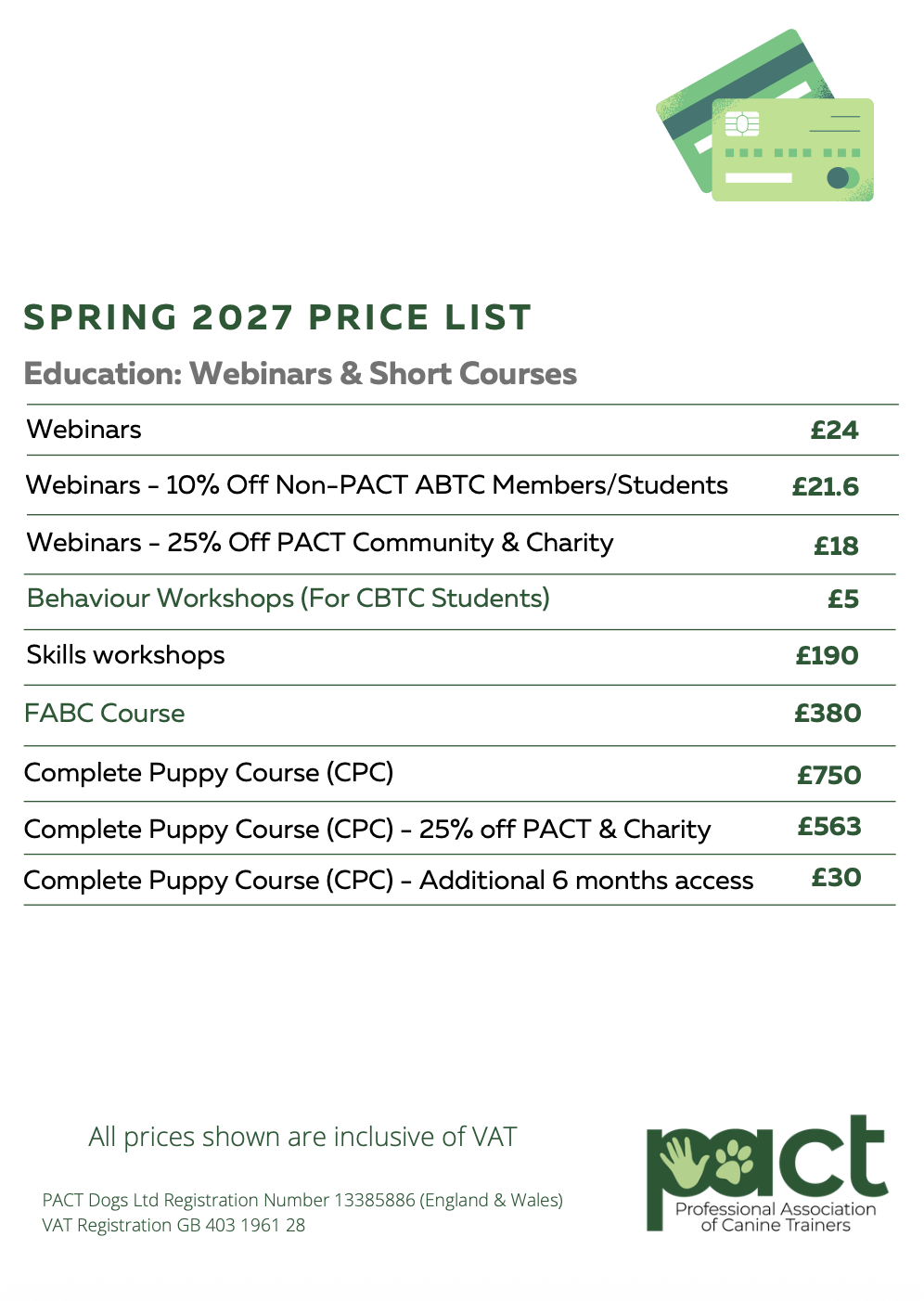 Spring 2027 Price List
