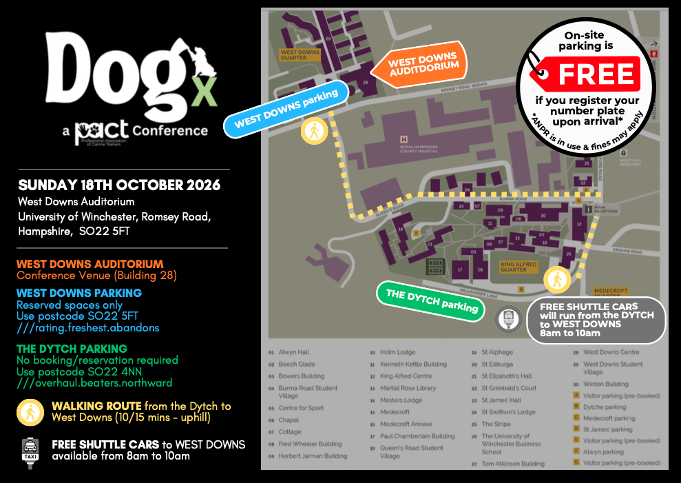 Map of the University of Winchester campus showing designated parking areas, walking routes, and event location for the Dog Conference on October 18, 2026. It includes color-coded parking zones, walking routes from Dytch parking to West Downs Auditor