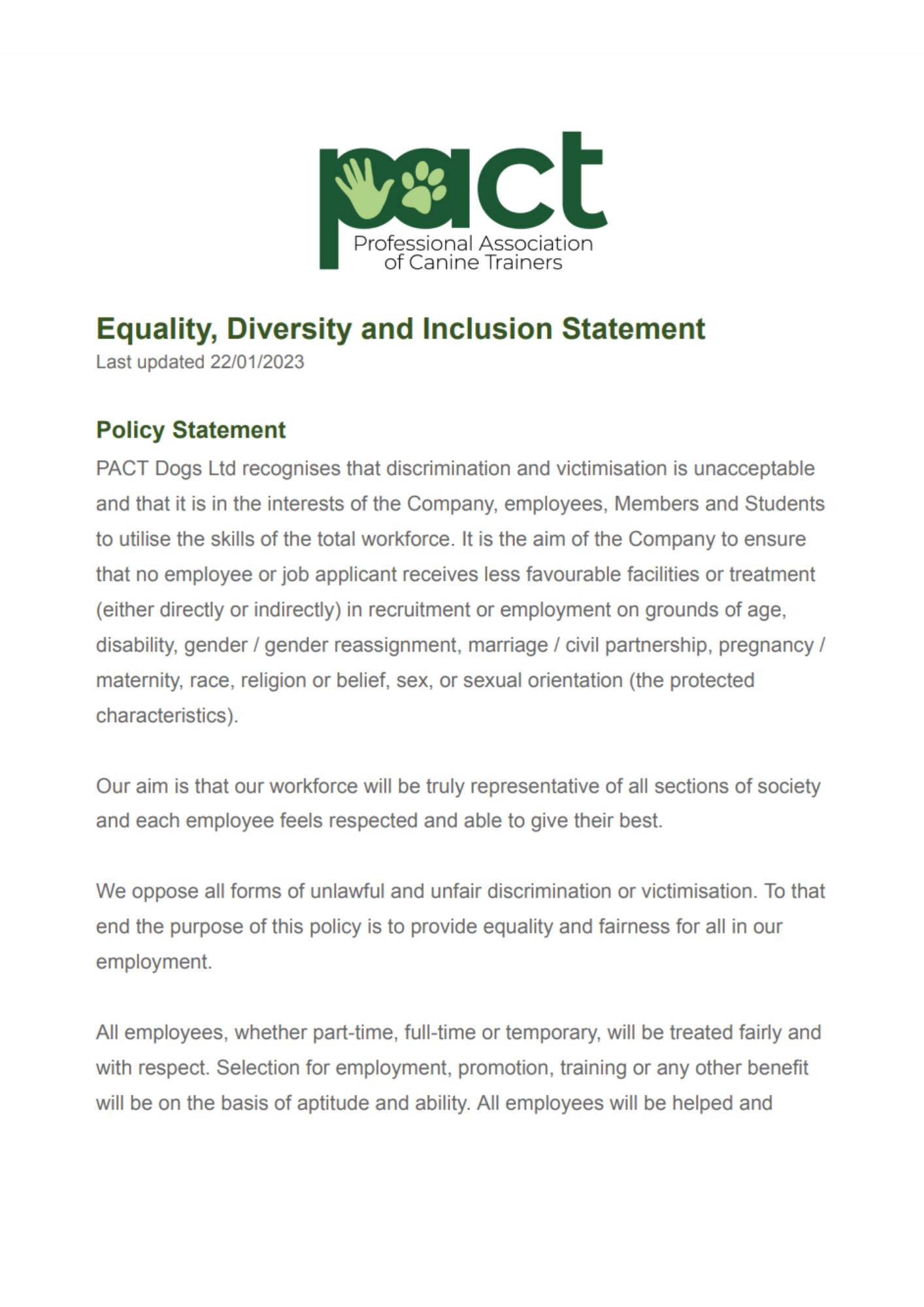 Equality, Diversity and Inclusion Statement
