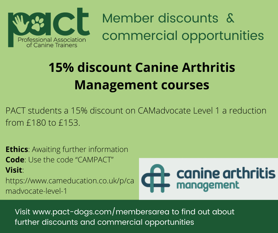 Green promotional flyer for the Professional Association of Canine Trainers offering a 15% discount on Canine Arthritis Management courses, with details on the discount, a website link, and a logo.