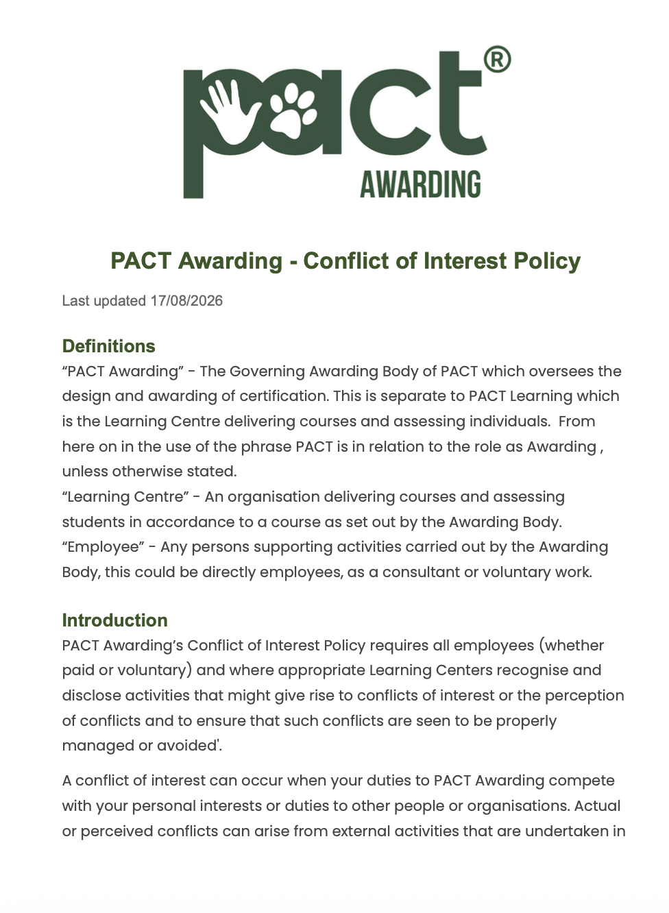 PACT Awarding - Conflict of Interest Policy
