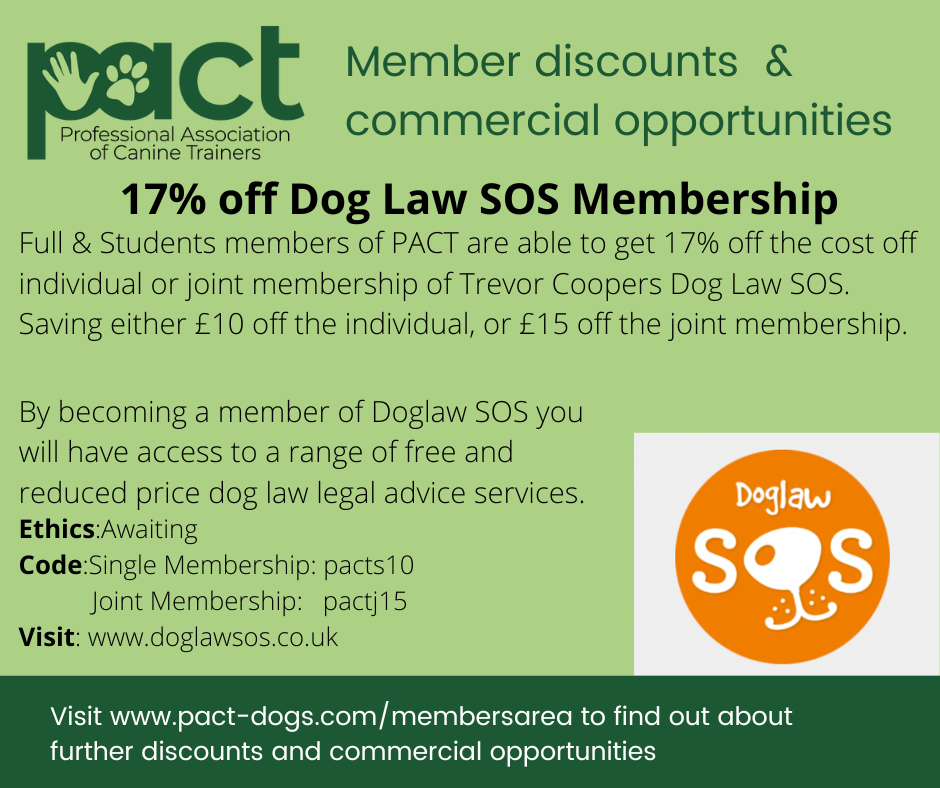 Flyer promoting a 17% discount on dog law SOS membership for members of PACT, offering legal advice benefits.