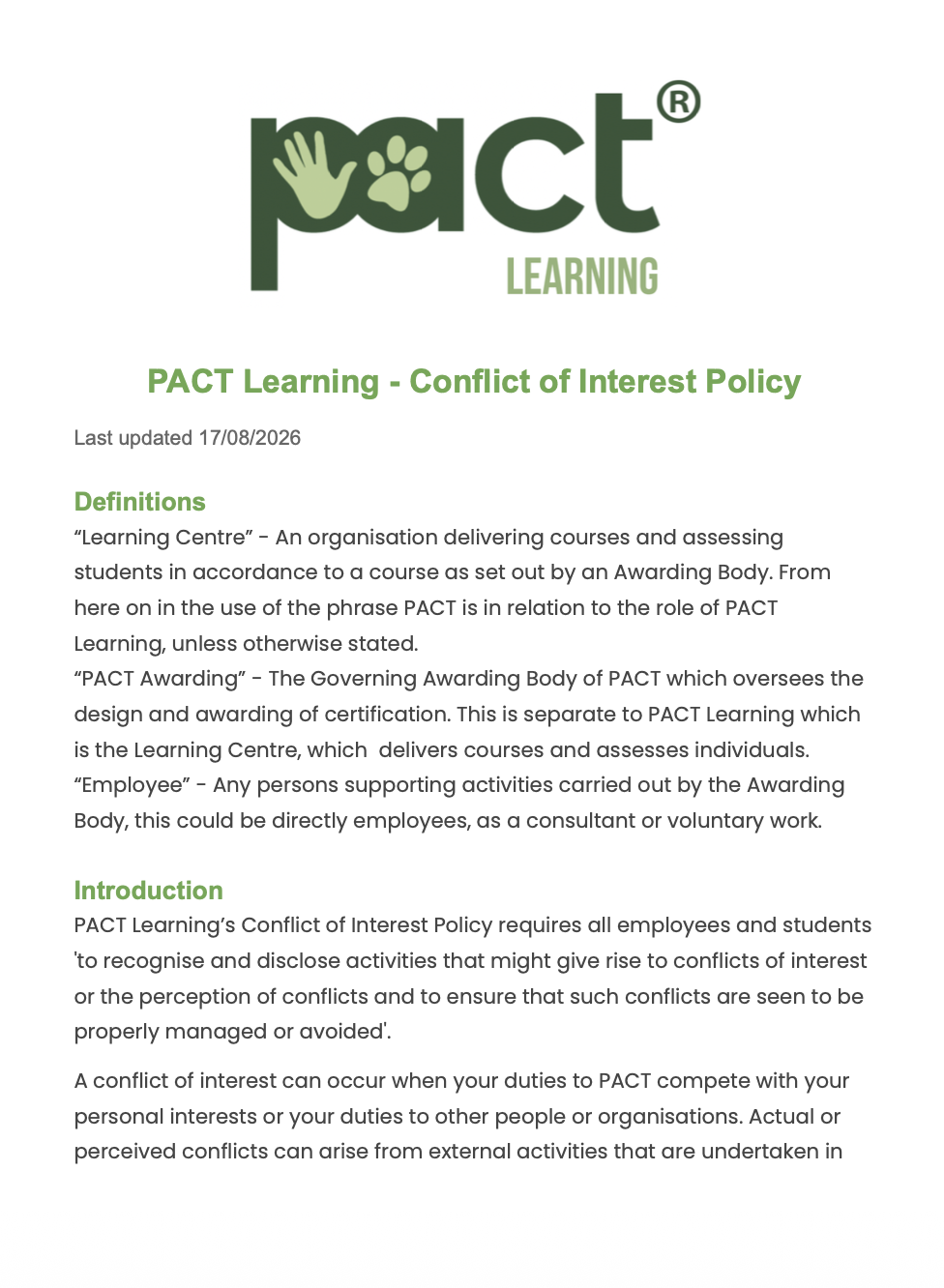 PACT Learning - Conflict of Interest Policy