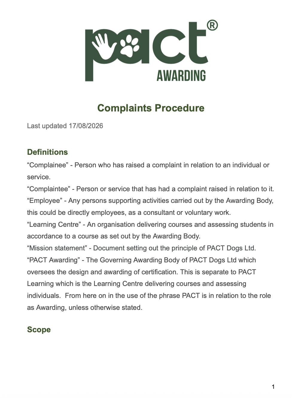 PACT Awarding - Complaints Procedure