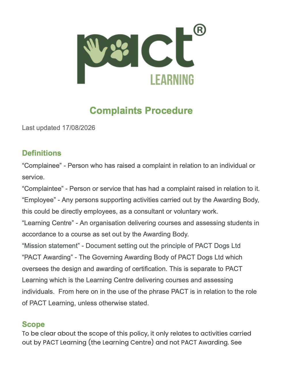 PACT Learning - Complaints Procedure