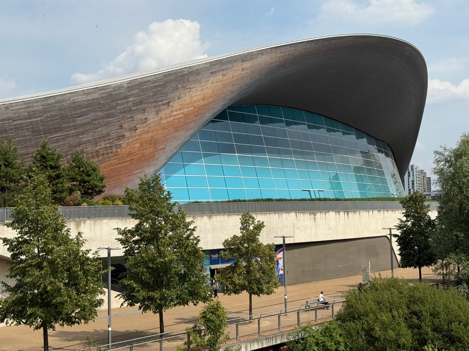 Exterior view of the wooden curved roof of the Lee Valley Velodrome in London.