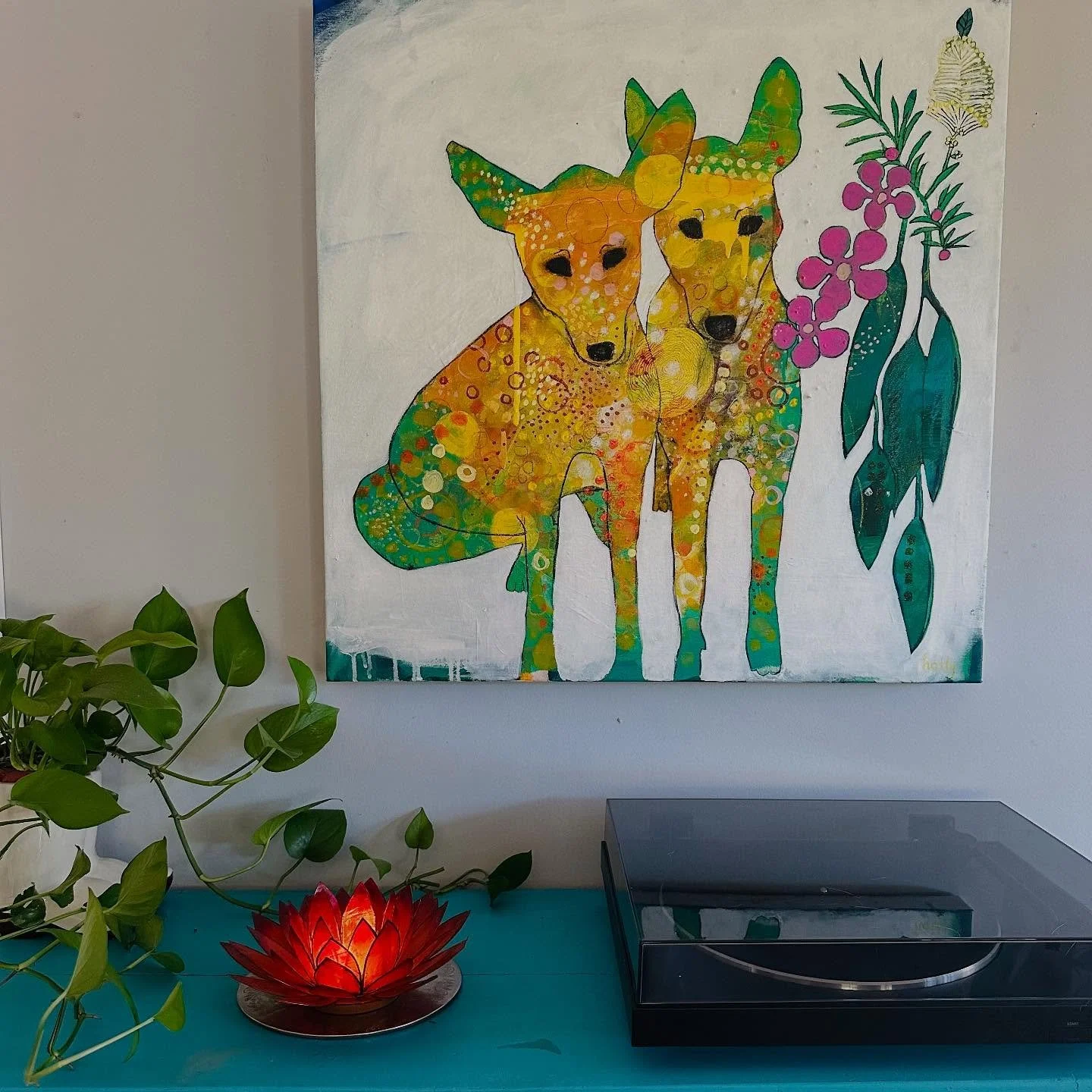 &lsquo;Melaleuca, tea tree and the dingoes&rsquo; 
Acrylic paint, pastel and charcoal on canvas. 
700 x 700mm
🐕 🐕 🌸🌿
These guys will always be a special artwork for me. They&rsquo;re off to live in their new home in Forster, NSW.