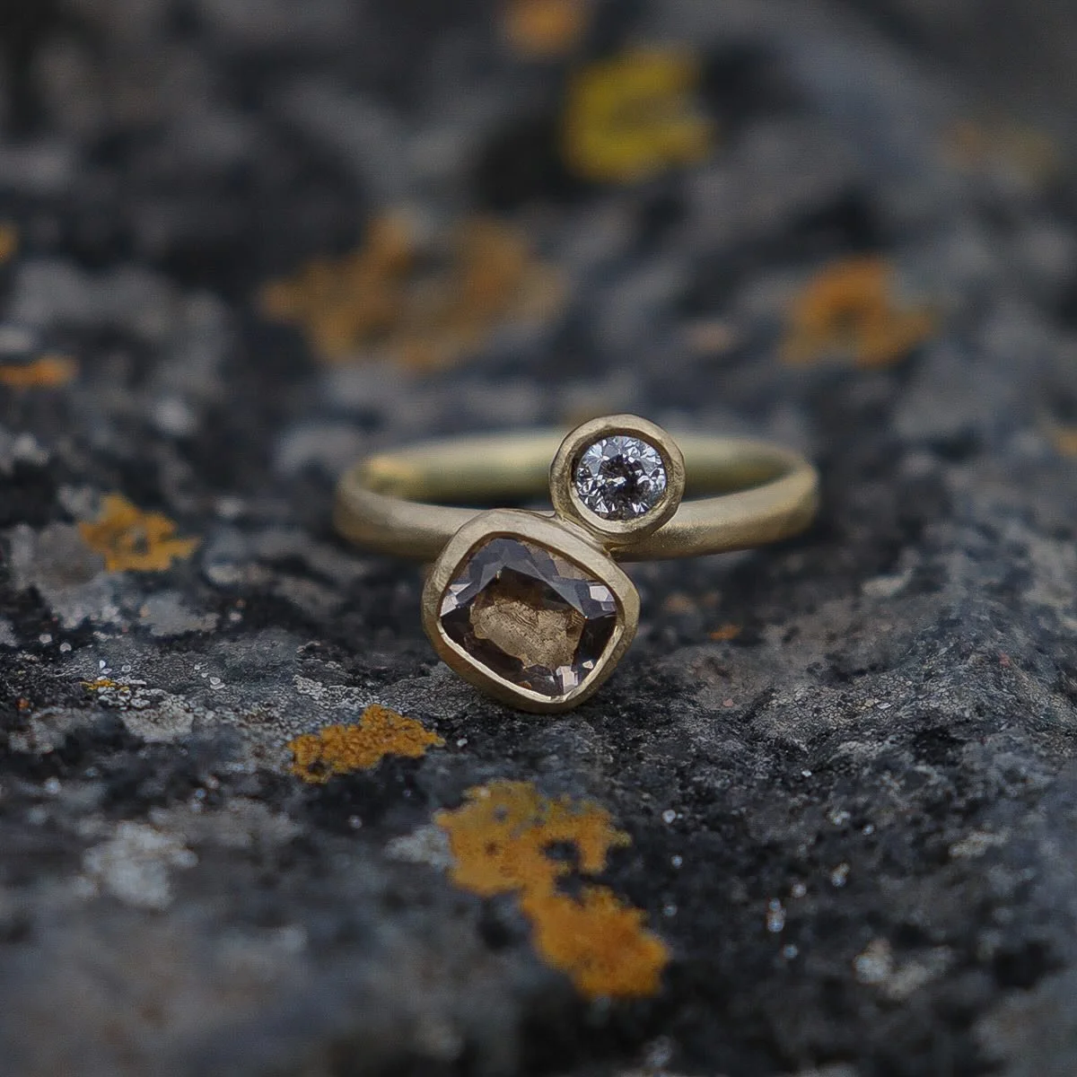 Another recent commission. 
A very special ring for Nicola. We had a lovely time choosing the gemstones and the design. A cushion cut Cairngorm quartz and a salt and pepper diamond set in carved 18ct gold. Another happy session at my bench carving ge