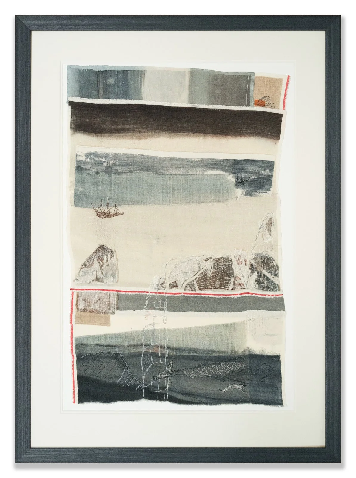 'Baleana Below' by Aimee Coulshed. Exhibited as part of the '77 degrees North' exhibition hosted by Edge Textiles Art Scotland at Dundee Discovery Centre in 2019. Photo credits: Gordon Harrison