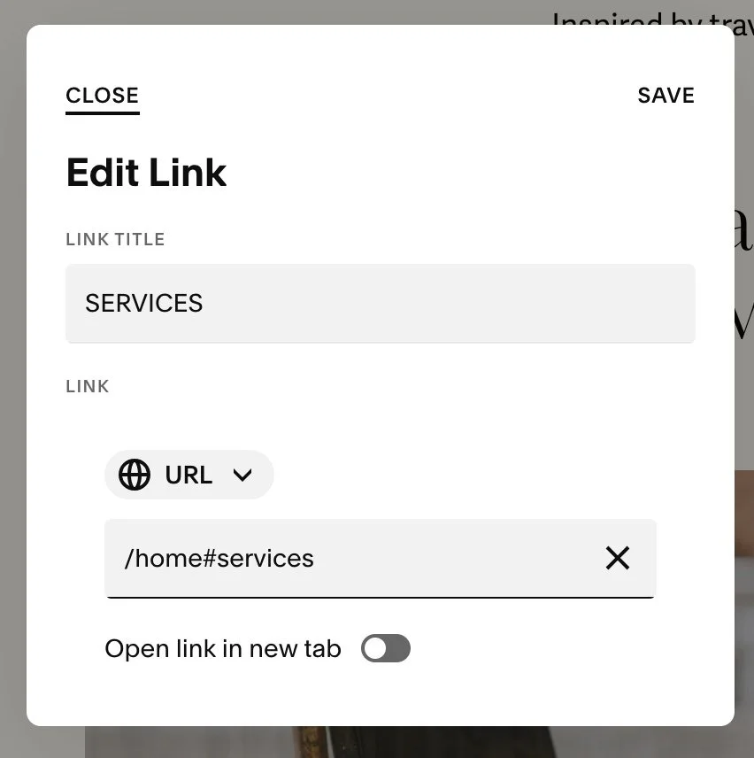 Squarespace edit link menu with title and anchor link url