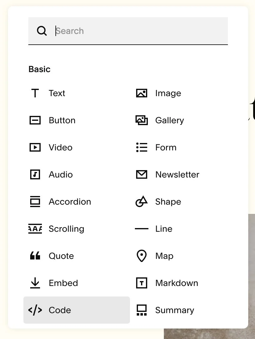 Squarespace menu to add code block to your web page