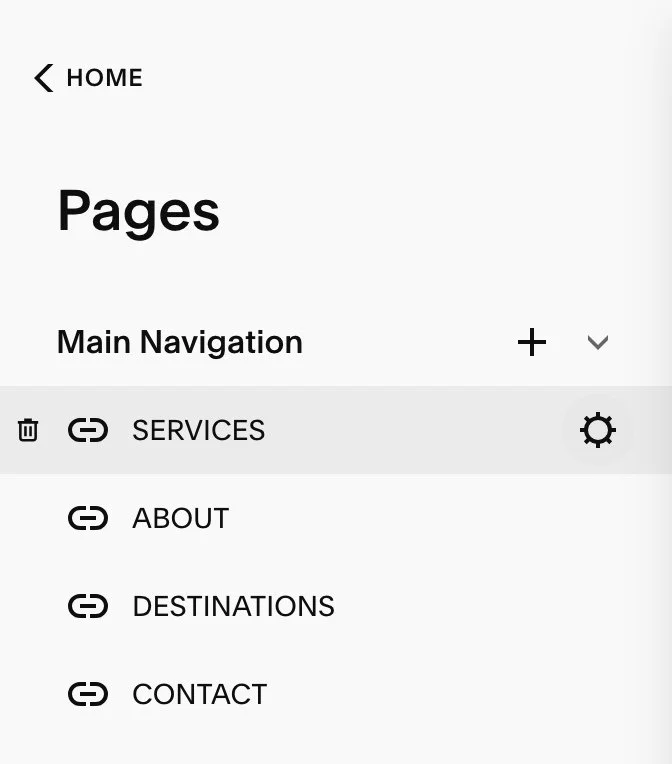Squarespace main navigation menu with links