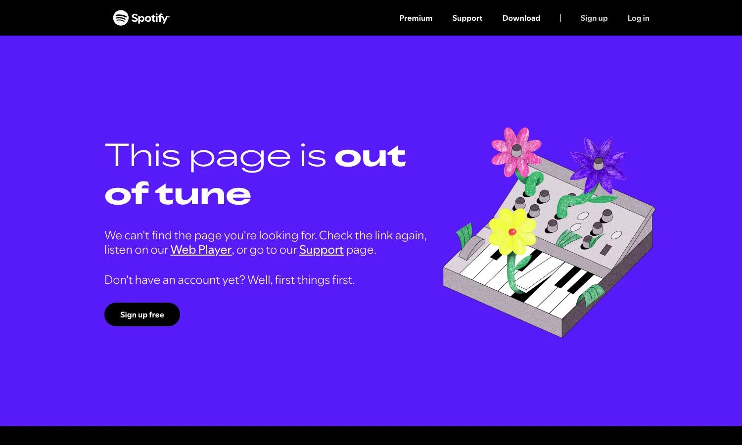 404 error example by Spotify for "this page is out of tune"