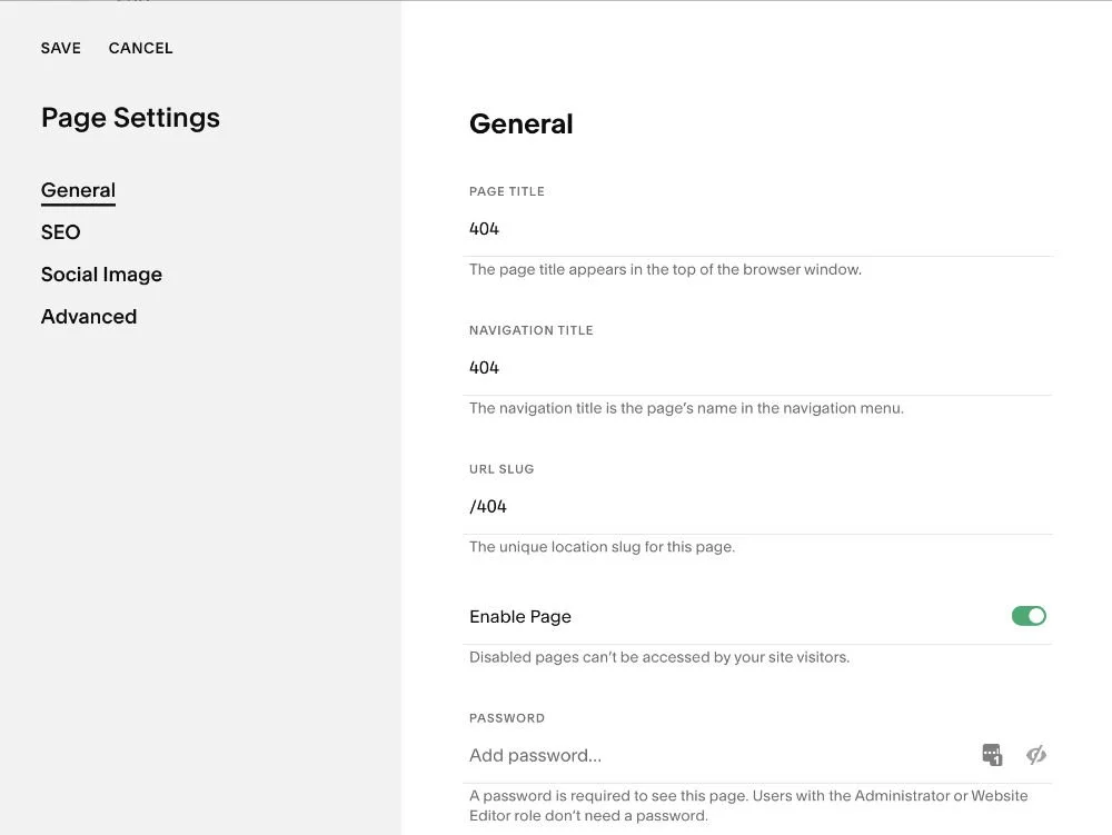 Squarespace Page Settings for new 404 page