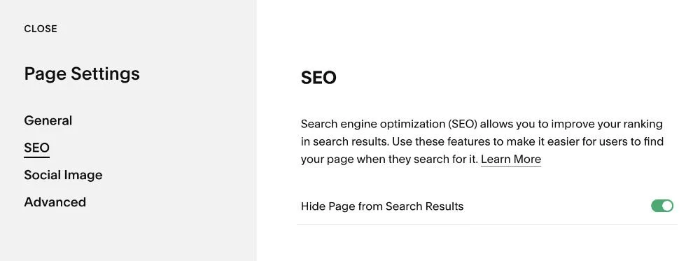 Squarespace SEO Page Settings Hide Page toggle button