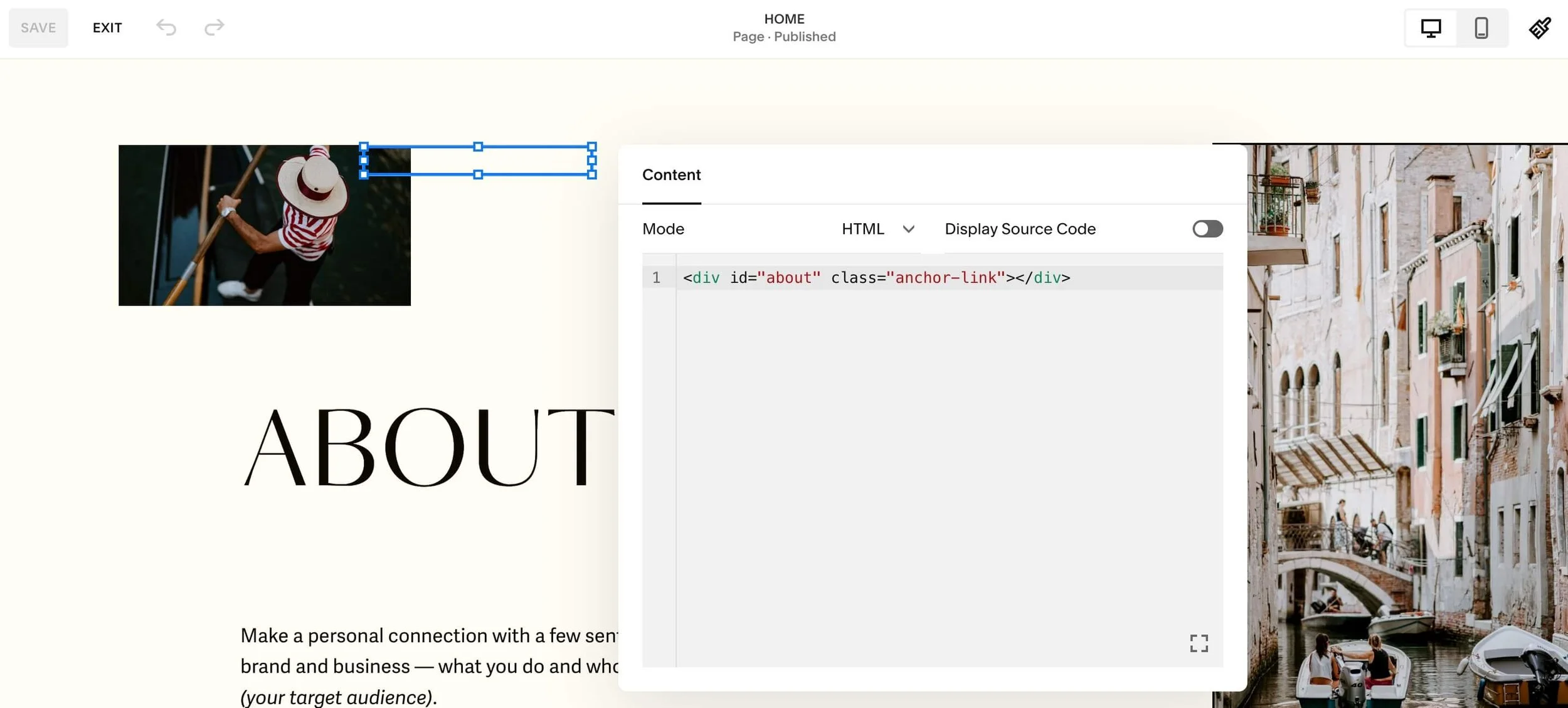 Squarespace code block with anchor link code