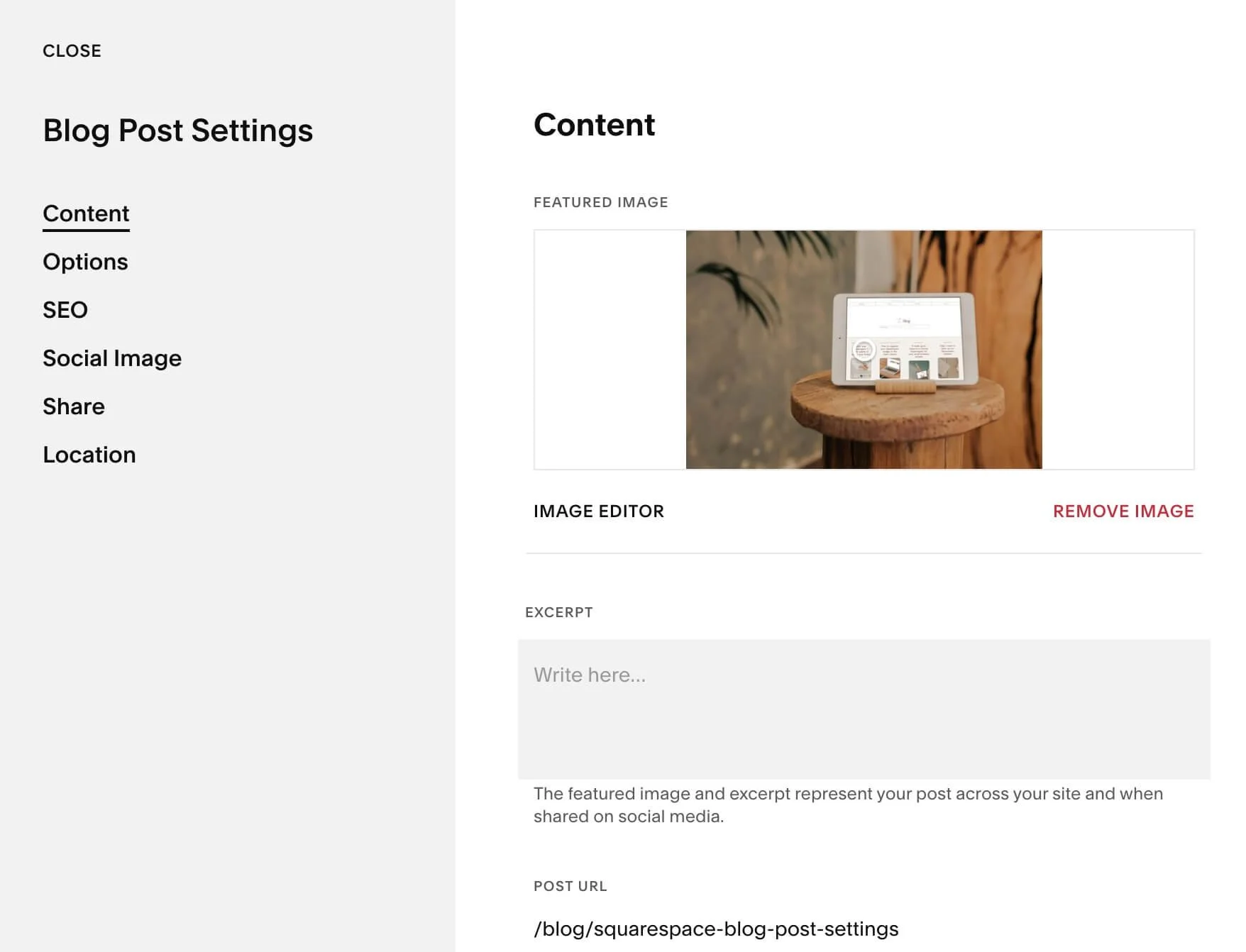 blog post settings menu