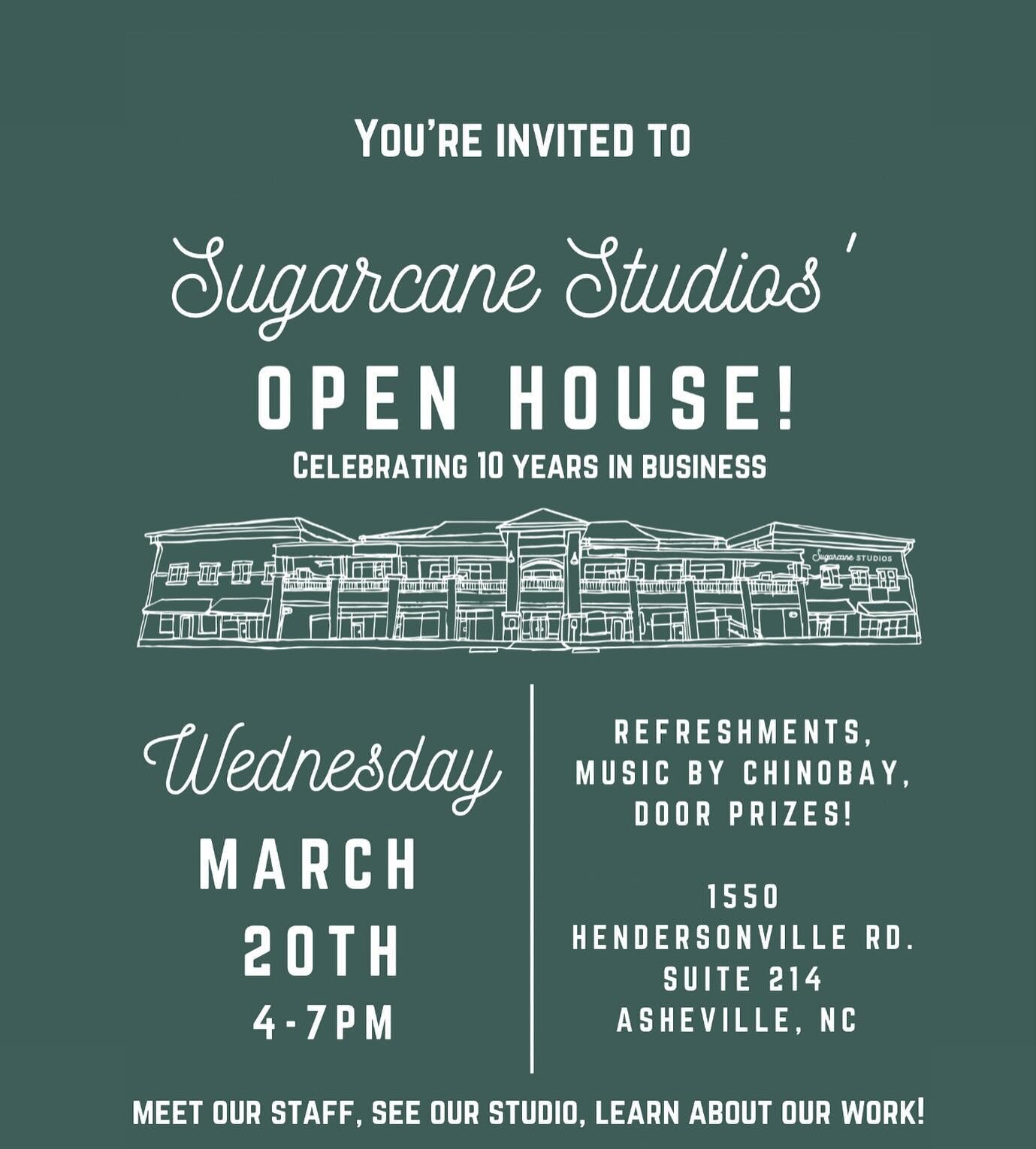 Join us at Sugarcane Studios as we celebrate 10 years in business! 🎉 Save the date for our open house on Wednesday, March 20th. Enjoy refreshments from @chemistspirits and  @tablewineasheville music by @chinobayk , door prizes, and a chance to meet 