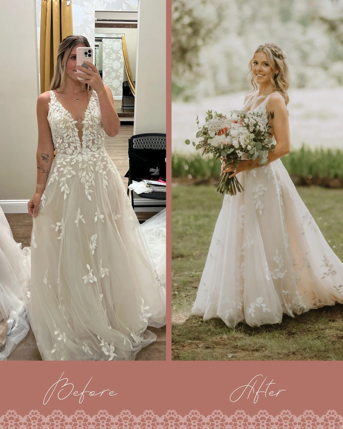 Another before and after from one of our summer brides! We absolutely loved working on this gorgeous botanical lace gown. 

This dress required a lot of small tweaks underneath the lace throughout the bust and waist area. We also hemmed and added a b