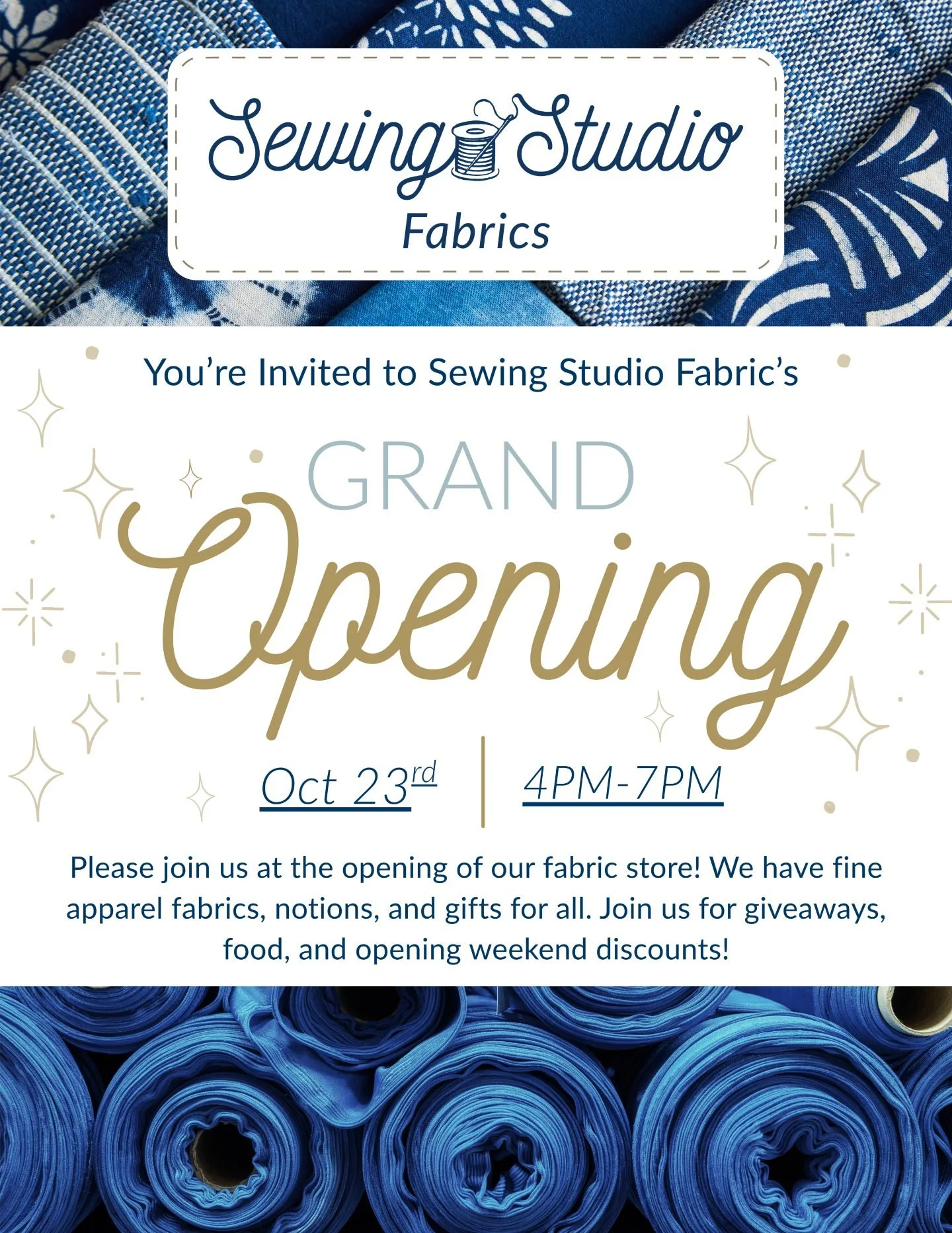 You're invited to the grand opening of our new fabric store!

Grand opening is October 23rd from 4PM to 7PM. The fabric store is located right underneath Sugarcane Studios. 

We are extremely excited to get our store front open and start selling fabr