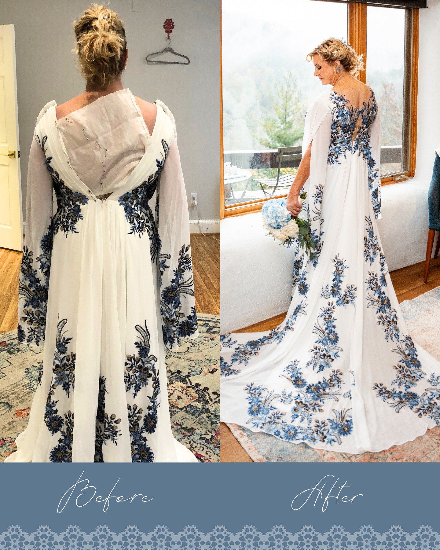 One of our brides from fall 2025! This dress required all of the appliqu&eacute; in the back to be revisioned as we added and shifted pieces to close the back of the dress. We also tweaked the fit throughout the bodice of the gown. All of these chang