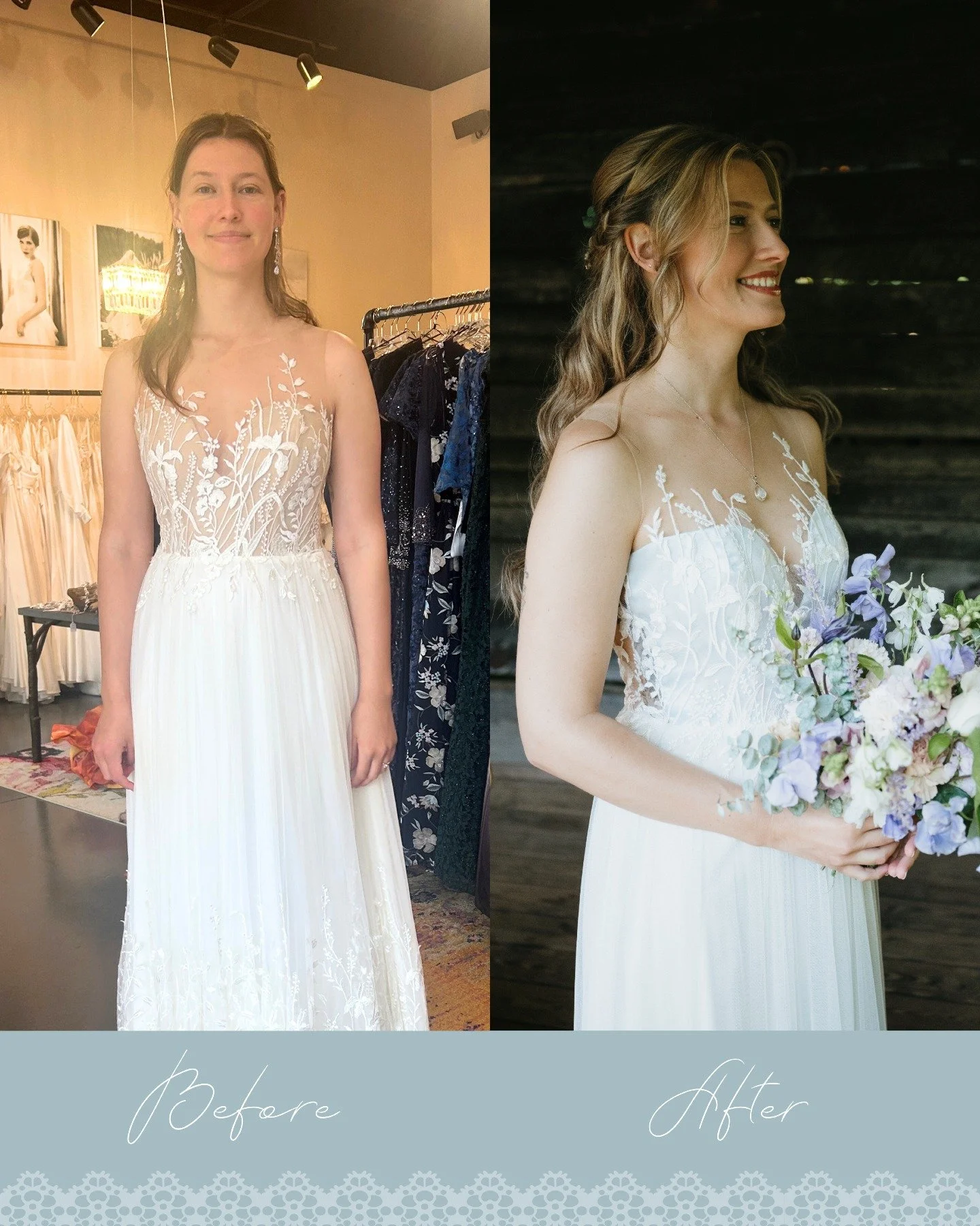 This is one of our lovely summer brides from 2025. She wanted to completely change the lining of her gown to a very subtle light blue. We changed the entire bodice lining to a light blue satin and added light blue tulle between the skirt layers to gi