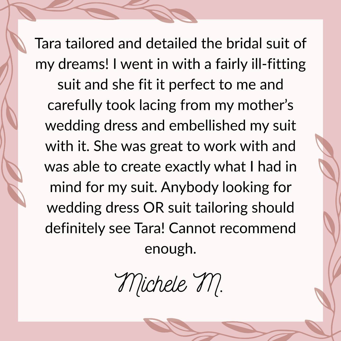 Thank you Michele! It is not often that we get to work on wedding garments that are not dresses. Working with Michele's wedding suit was so much fun and it turned out so wonderful!